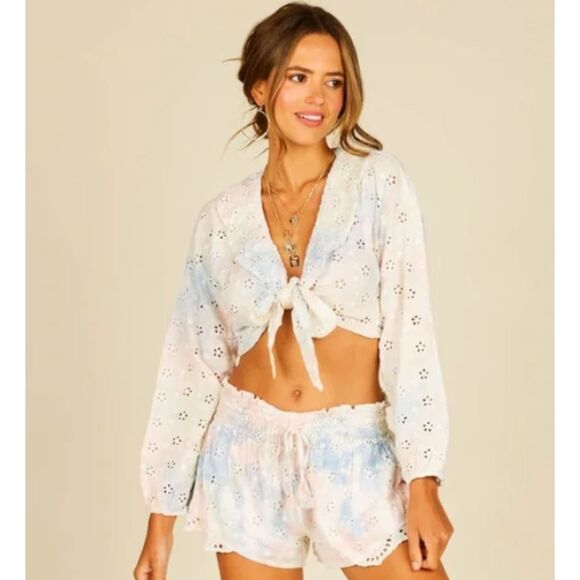 Surf Gypsy Blouse S Tie Dye Rainbow Palm Spring Tie Front Eyelet Crop Top Boho - Picture 1 of 7